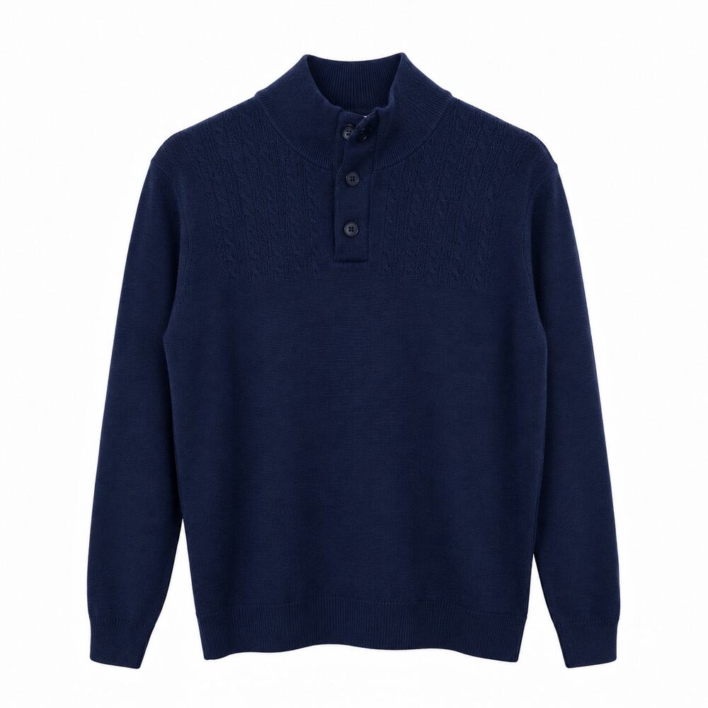 Turnbury 100% Merino Wool Henley Sweater Men's Large Blue Mock Neck Pullover
